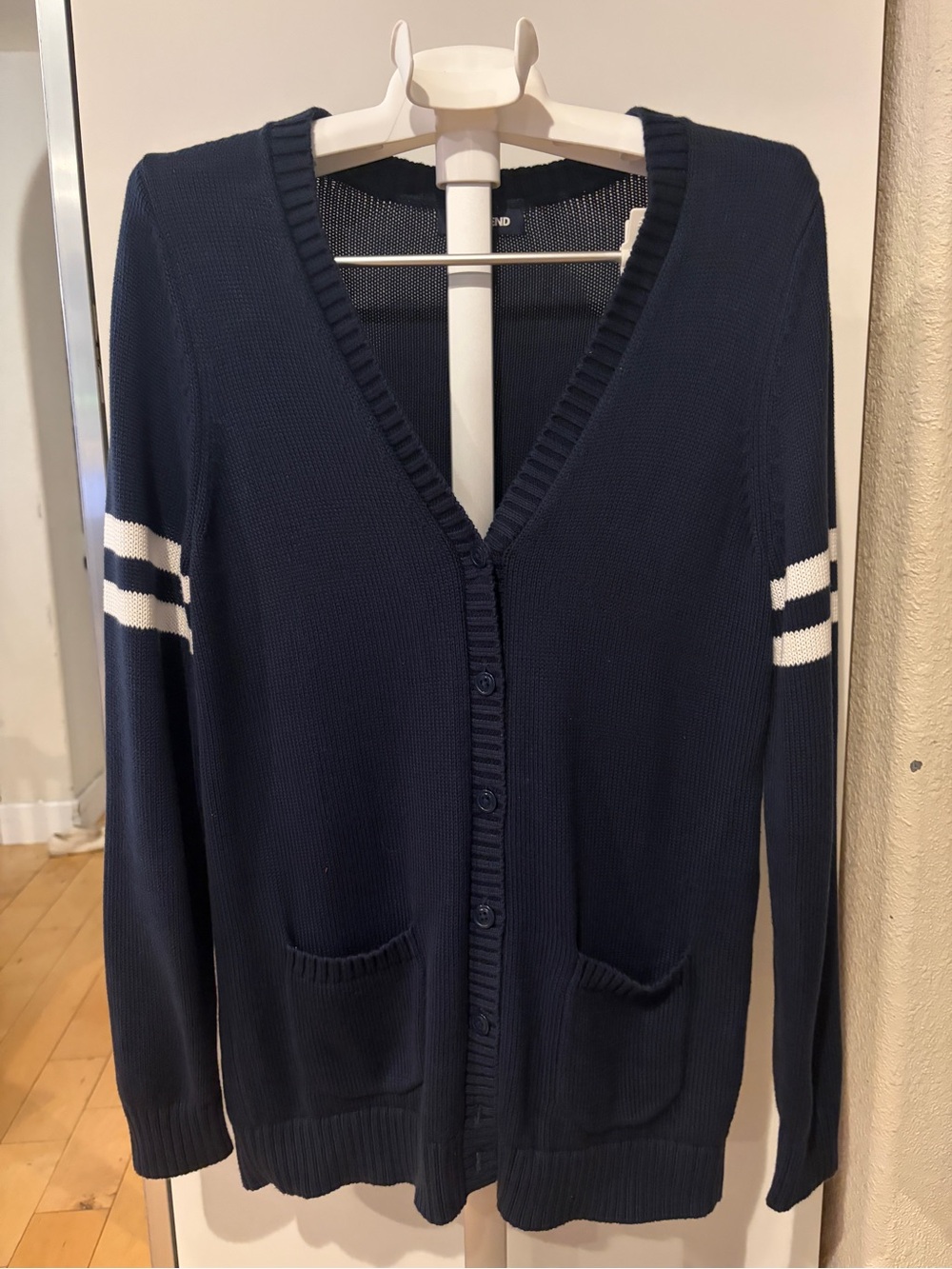 Lands' End Navy Cardigan with White Sleeve Stripes